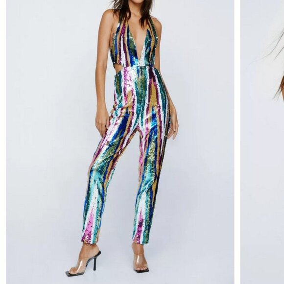 NWT Nasty Gal Stripe Sequin Halterneck Cut Out Jumpsuit Size 12
